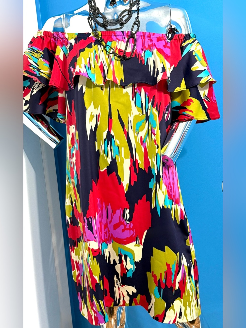 London Times Off-Shoulder Floral Dress in Black, Hot Pink & Yellow 14